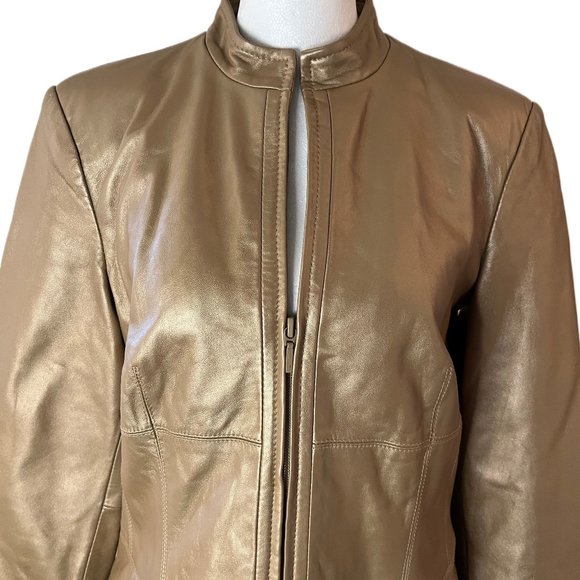 Yvonne Le Marie Gold Metallic Soft Lamb Leather Lined Jacket 3/4 Zip Size 6 - Picture 4 of 12